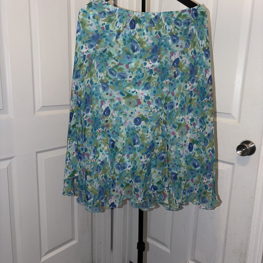 Dressbarn Vintage Watercolor Floral Midi Skirt Blue Green Chiffon Flowy Fairycor